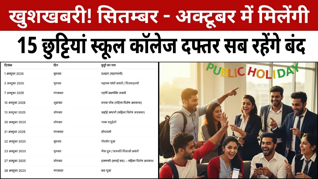 Public Holiday Good News : छुट्टियों की भरमार! सितम्बर – अक्टूबर में लगातार 15 दिनों की लुम्बी छुट्टी, बंद रहेंगे सभी स्कूल और कार्यालय